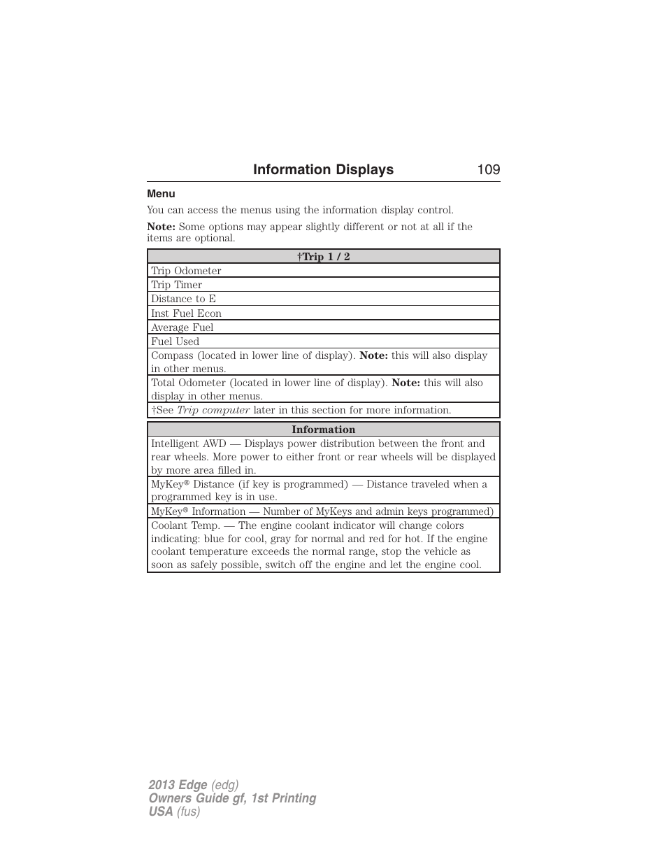 Menu, Information displays 109 | FORD 2013 Edge v.1 User Manual | Page 109 / 526