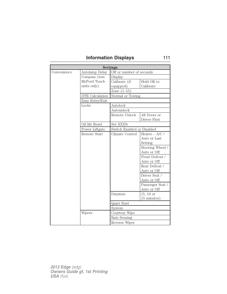 Information displays 111 | FORD 2013 Edge v.1 User Manual | Page 111 / 526