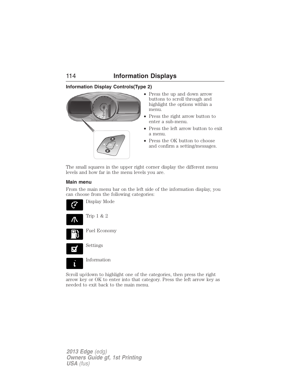 Information display controls(type 2), Main menu, 114 information displays | FORD 2013 Edge v.1 User Manual | Page 114 / 526
