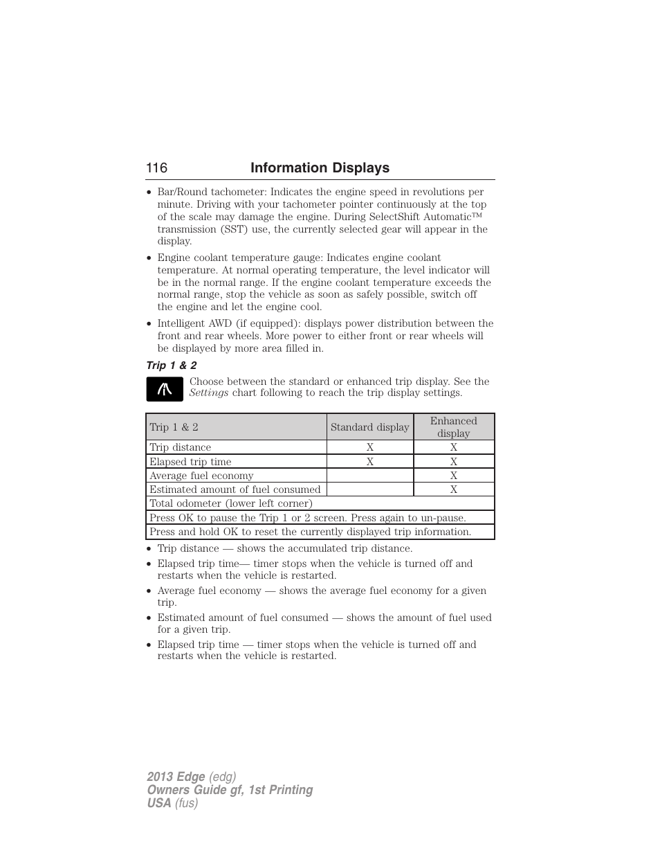 Trip 1 & 2, 116 information displays | FORD 2013 Edge v.1 User Manual | Page 116 / 526