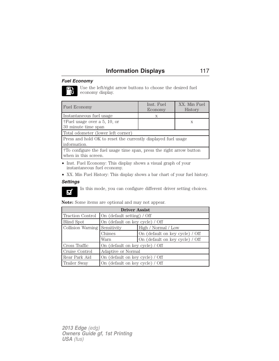 Fuel economy, Settings, Information displays 117 | FORD 2013 Edge v.1 User Manual | Page 117 / 526