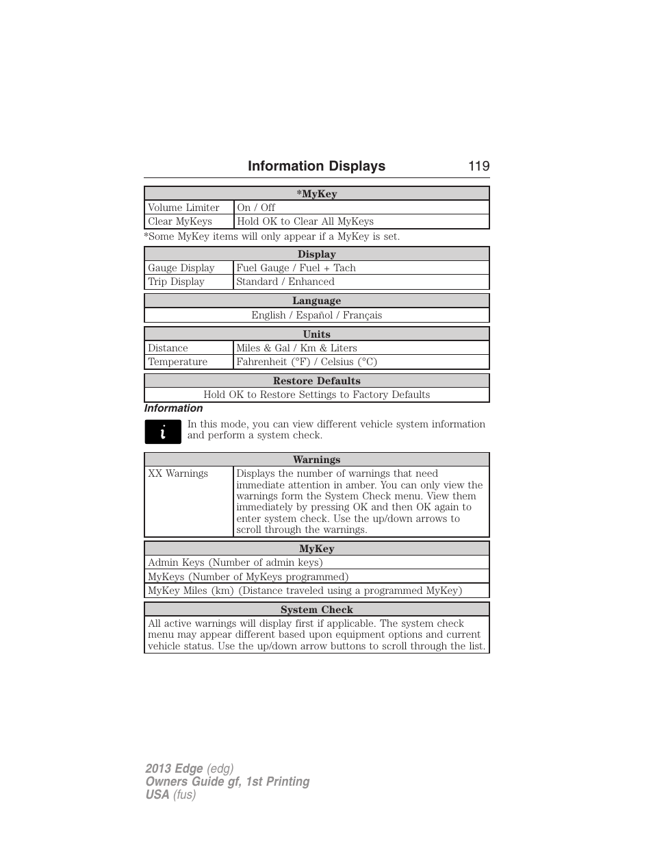 Information, Information displays 119 | FORD 2013 Edge v.1 User Manual | Page 119 / 526