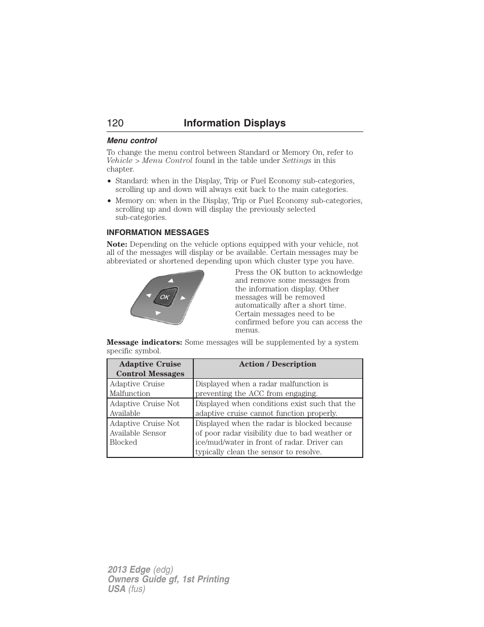 Menu control, Information messages, 120 information displays | FORD 2013 Edge v.1 User Manual | Page 120 / 526
