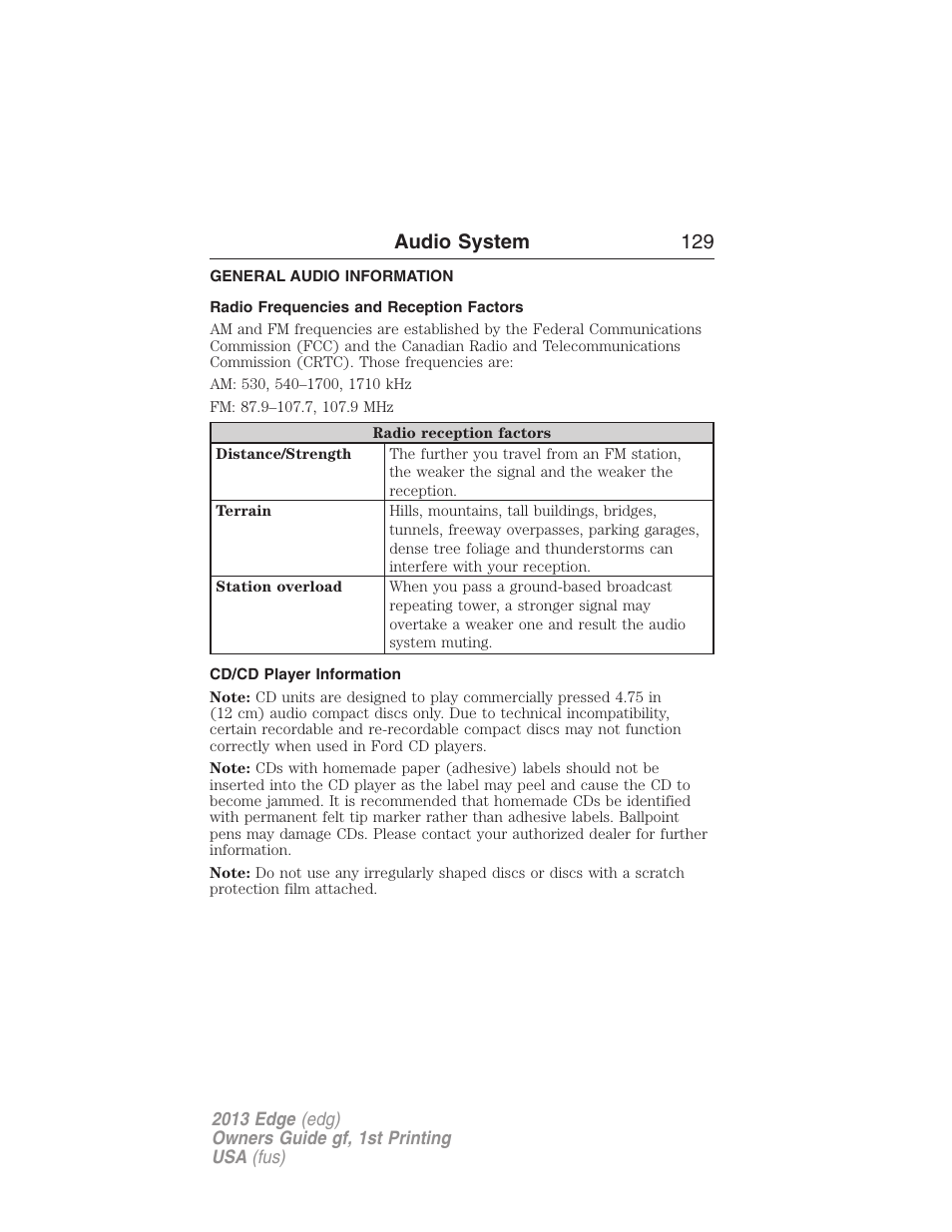 Audio system, General audio information, Radio frequencies and reception factors | Cd/cd player information, Audio system 129 | FORD 2013 Edge v.1 User Manual | Page 129 / 526