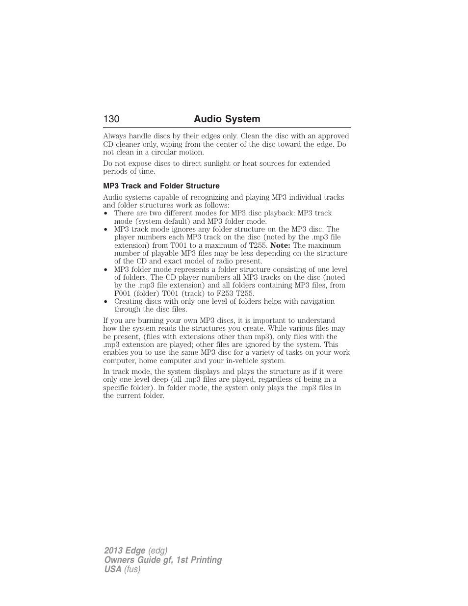 Mp3 track and folder structure, 130 audio system | FORD 2013 Edge v.1 User Manual | Page 130 / 526