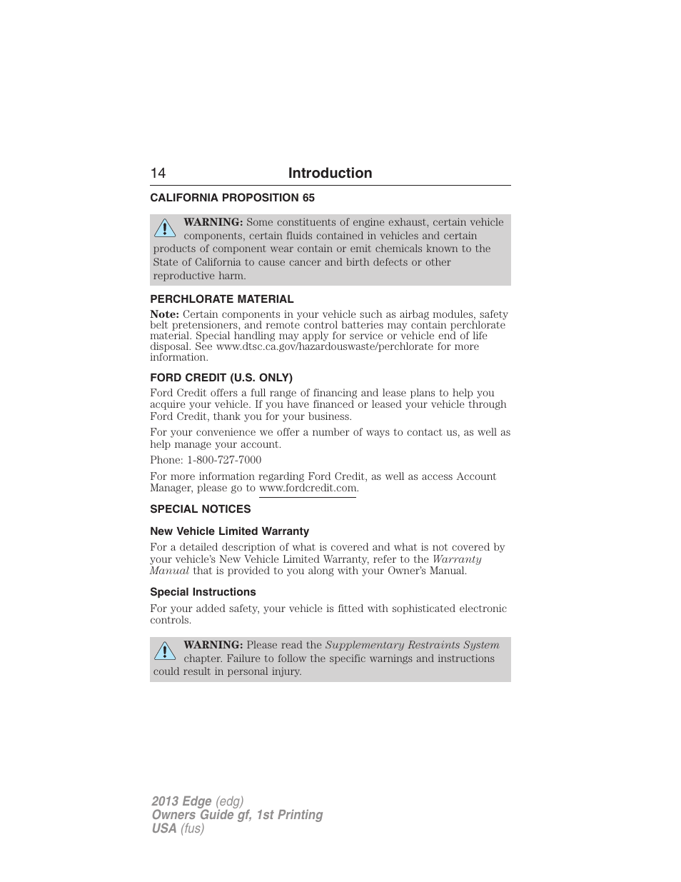 California proposition 65, Perchlorate material, Ford credit (u.s. only) | Special notices, New vehicle limited warranty, Special instructions, 14 introduction | FORD 2013 Edge v.1 User Manual | Page 14 / 526
