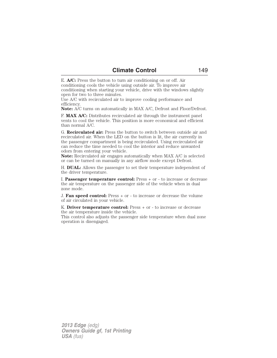 Climate control 149 | FORD 2013 Edge v.1 User Manual | Page 149 / 526