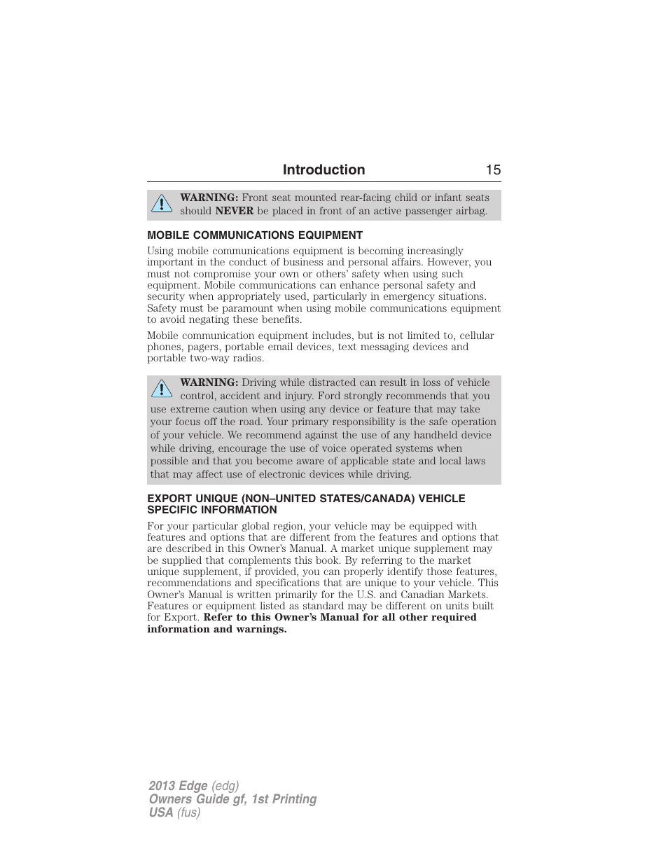 Mobile communications equipment, Introduction 15 | FORD 2013 Edge v.1 User Manual | Page 15 / 526