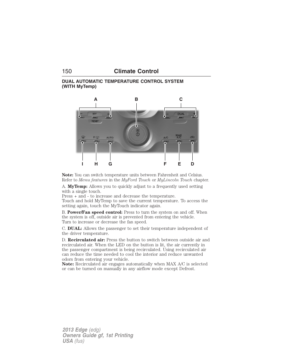 150 climate control | FORD 2013 Edge v.1 User Manual | Page 150 / 526