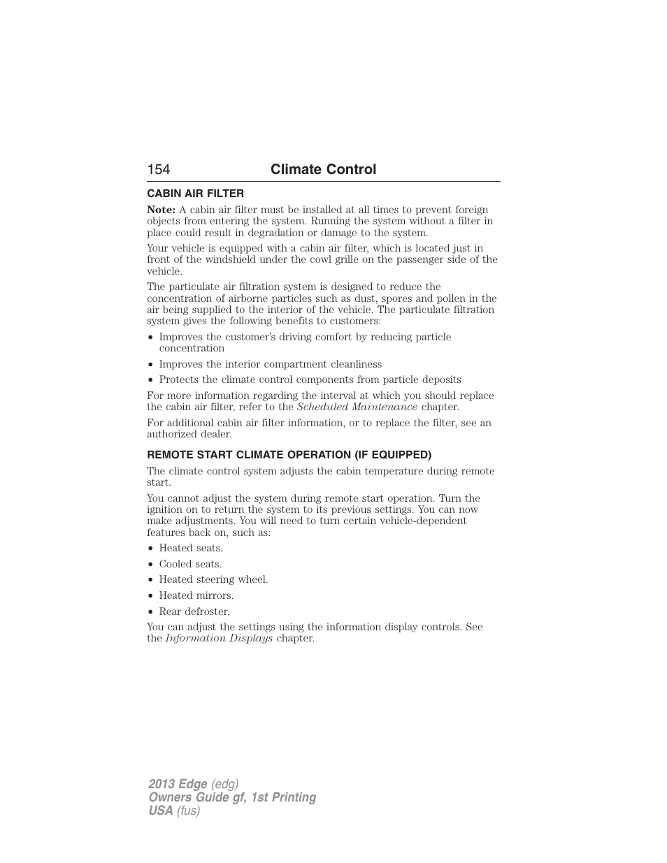 Cabin air filter, Remote start climate operation (if equipped), 154 climate control | FORD 2013 Edge v.1 User Manual | Page 154 / 526