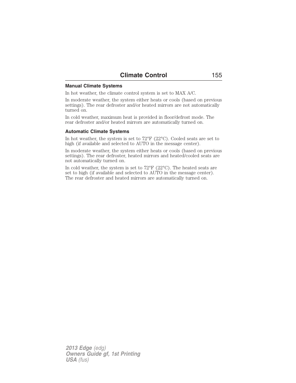 Manual climate systems, Automatic climate systems, Climate control 155 | FORD 2013 Edge v.1 User Manual | Page 155 / 526