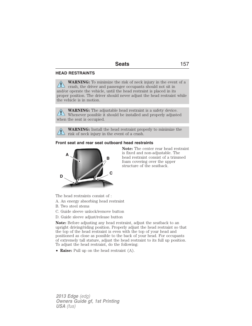Head restraints, Front seat and rear seat outboard head restraints, Seats 157 | FORD 2013 Edge v.1 User Manual | Page 157 / 526