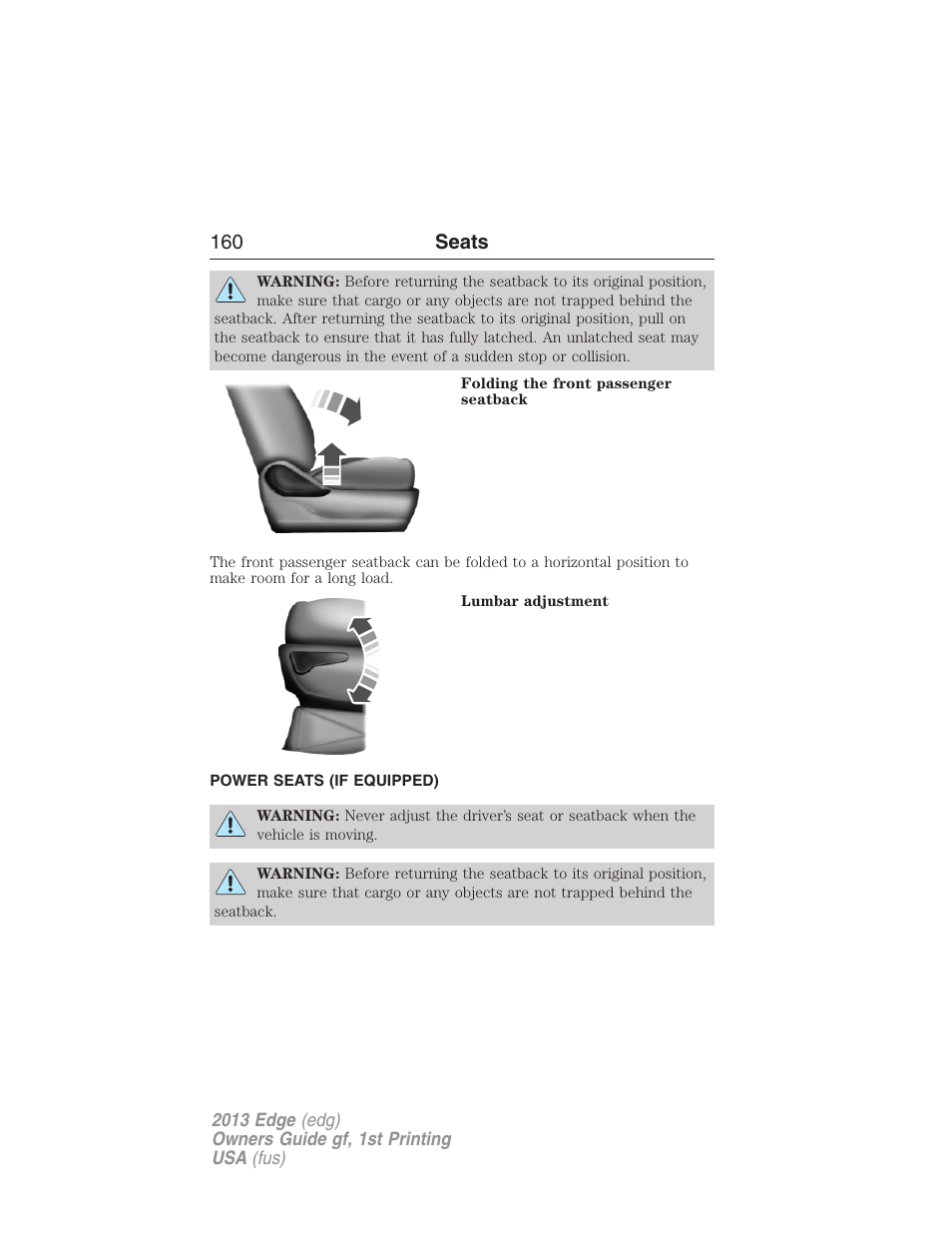 Power seats (if equipped), Power seats, 160 seats | FORD 2013 Edge v.1 User Manual | Page 160 / 526