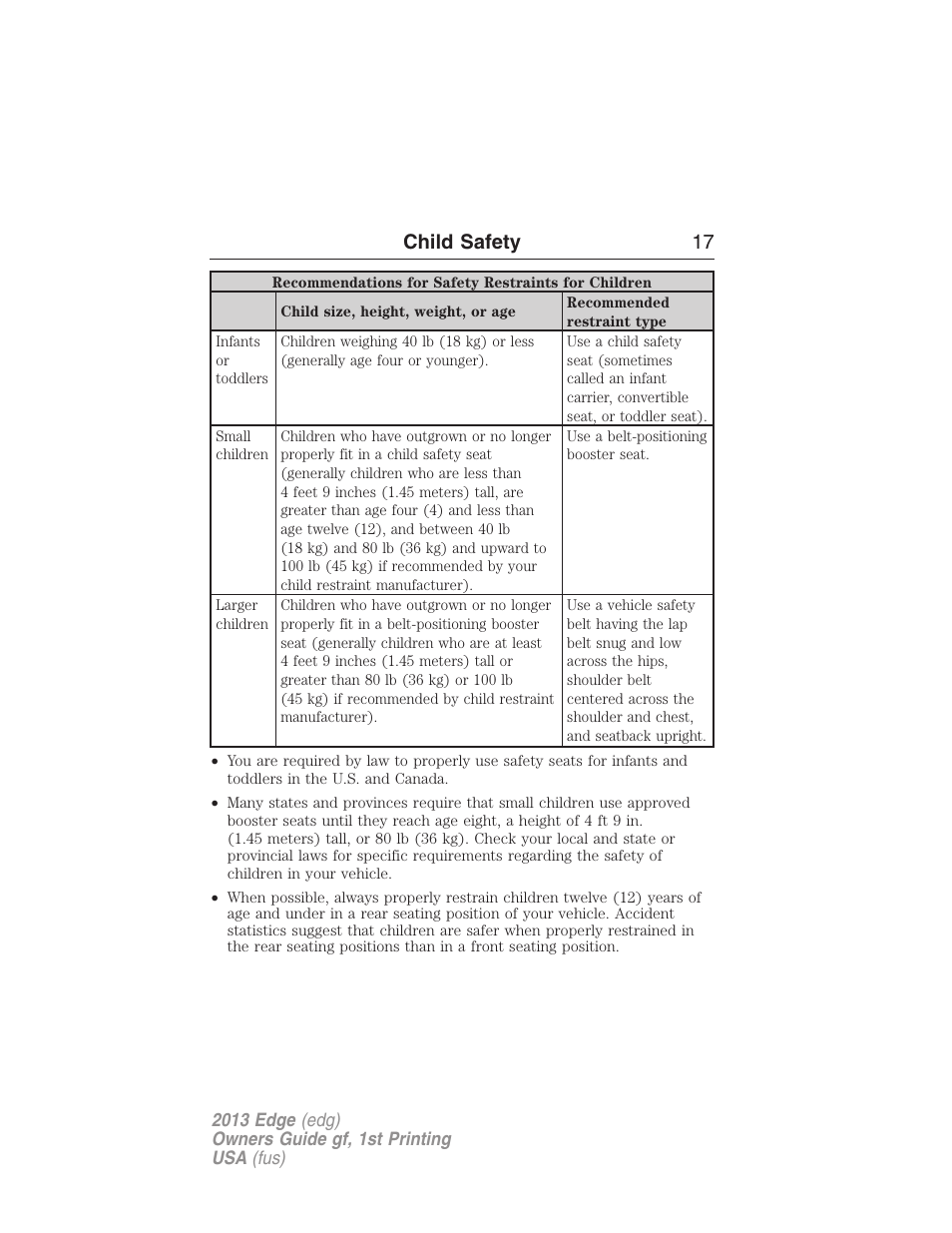 Child safety 17 | FORD 2013 Edge v.1 User Manual | Page 17 / 526