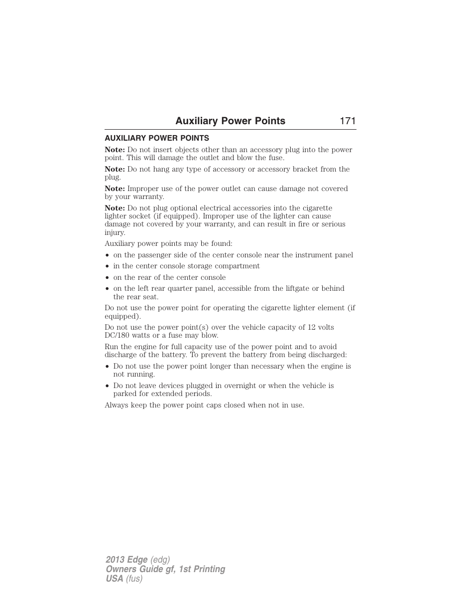Auxiliary power points, Auxiliary power points 171 | FORD 2013 Edge v.1 User Manual | Page 171 / 526
