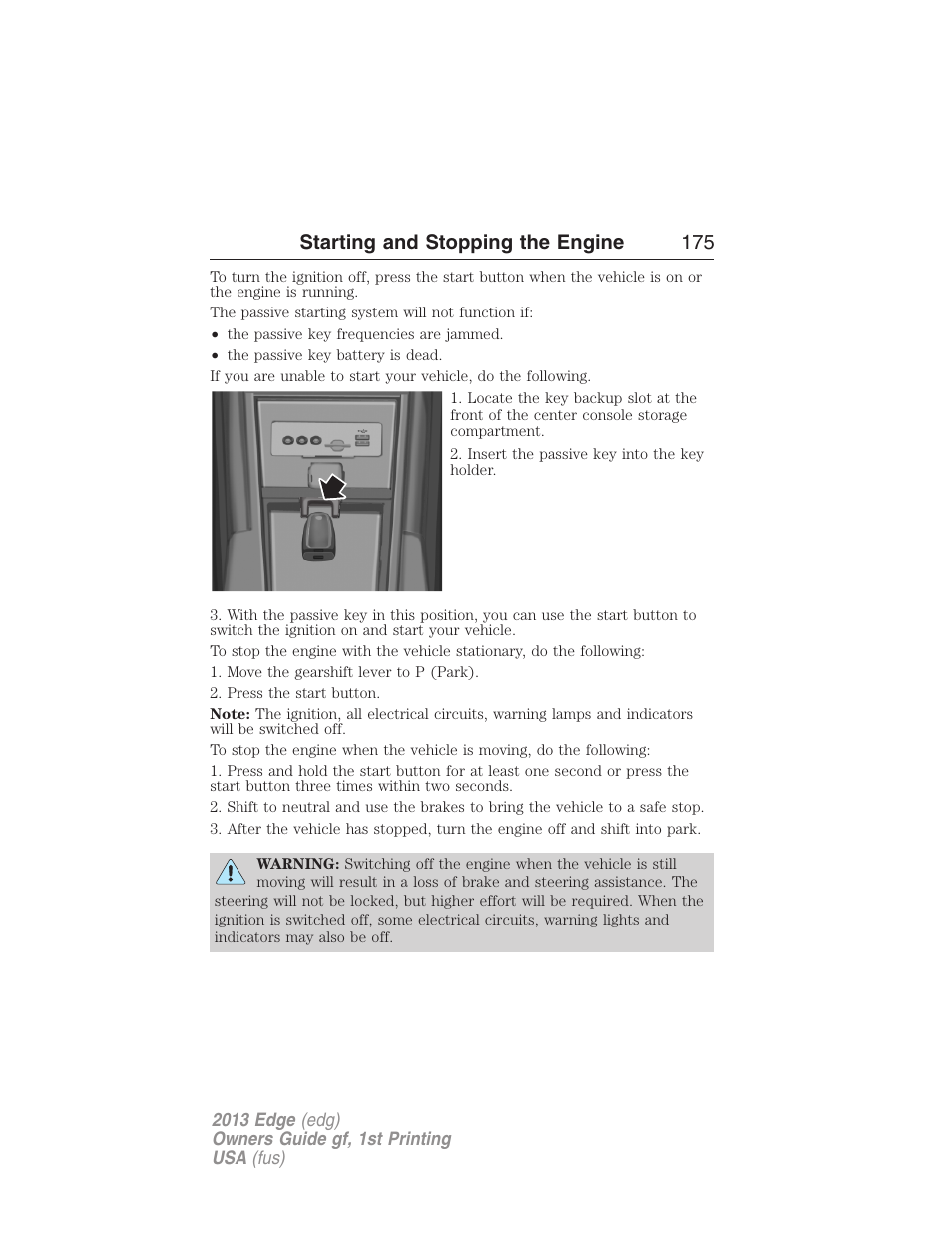 Starting and stopping the engine 175 | FORD 2013 Edge v.1 User Manual | Page 175 / 526