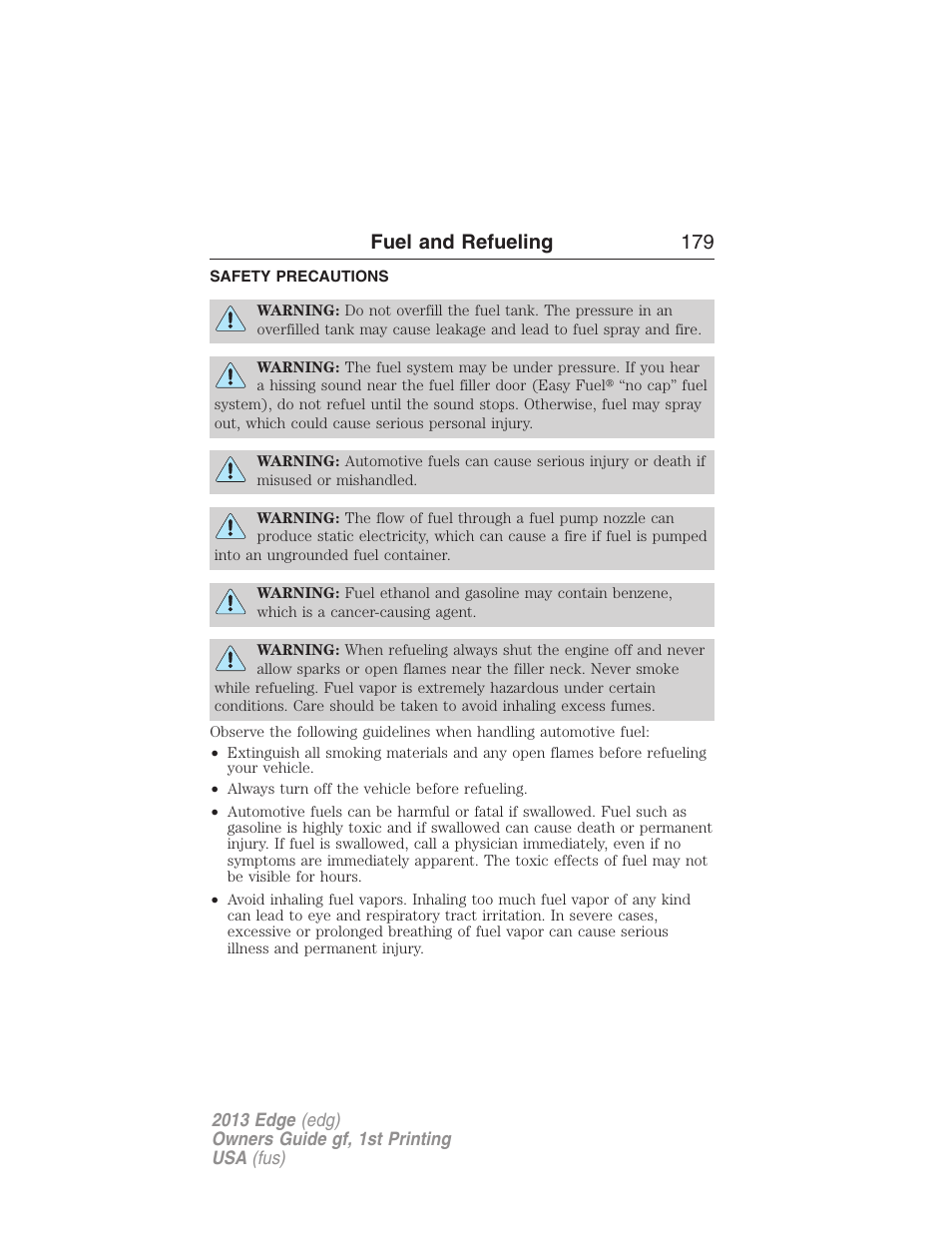 Fuel and refueling, Safety precautions, Fuel and refueling 179 | FORD 2013 Edge v.1 User Manual | Page 179 / 526