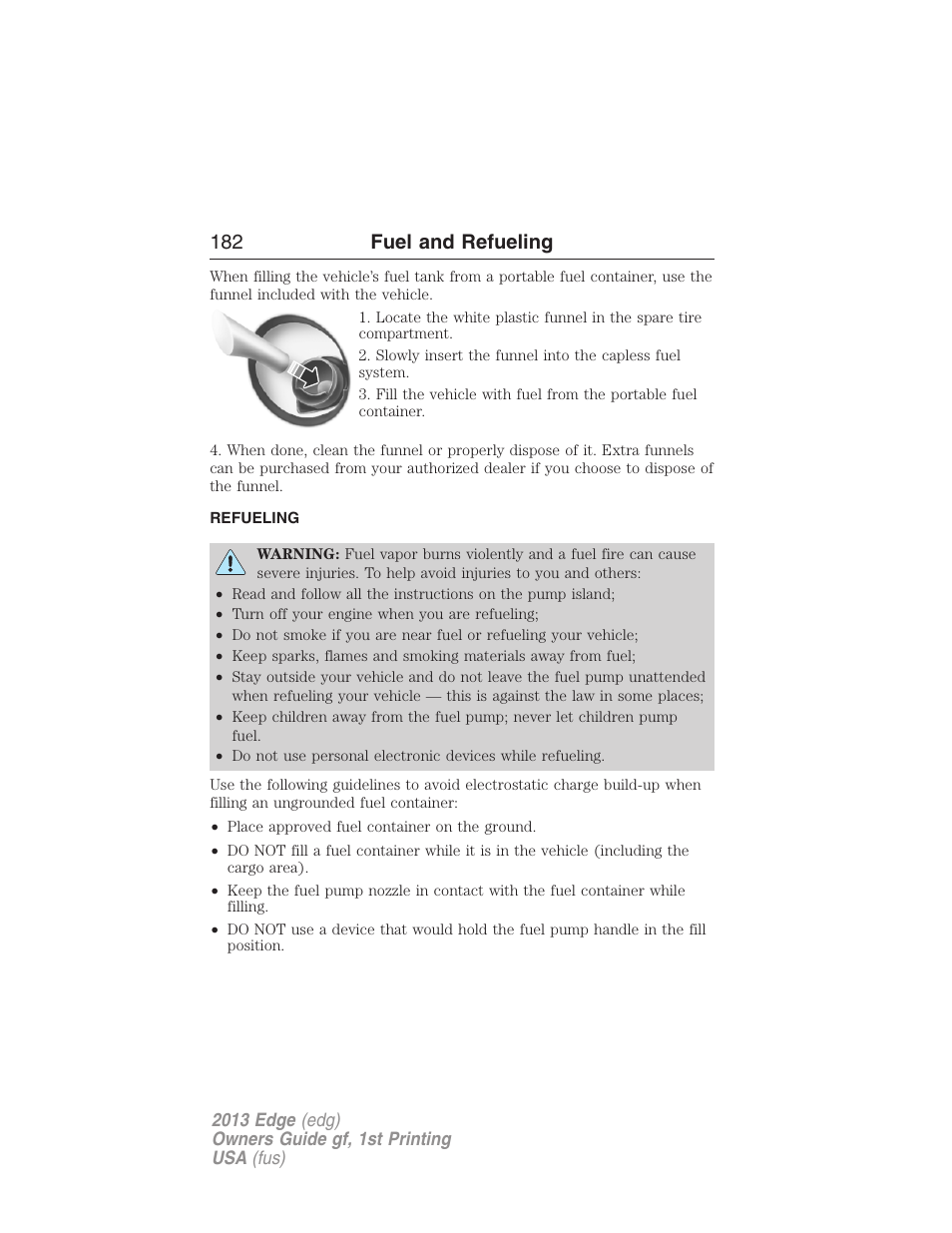 Refueling, 182 fuel and refueling | FORD 2013 Edge v.1 User Manual | Page 182 / 526