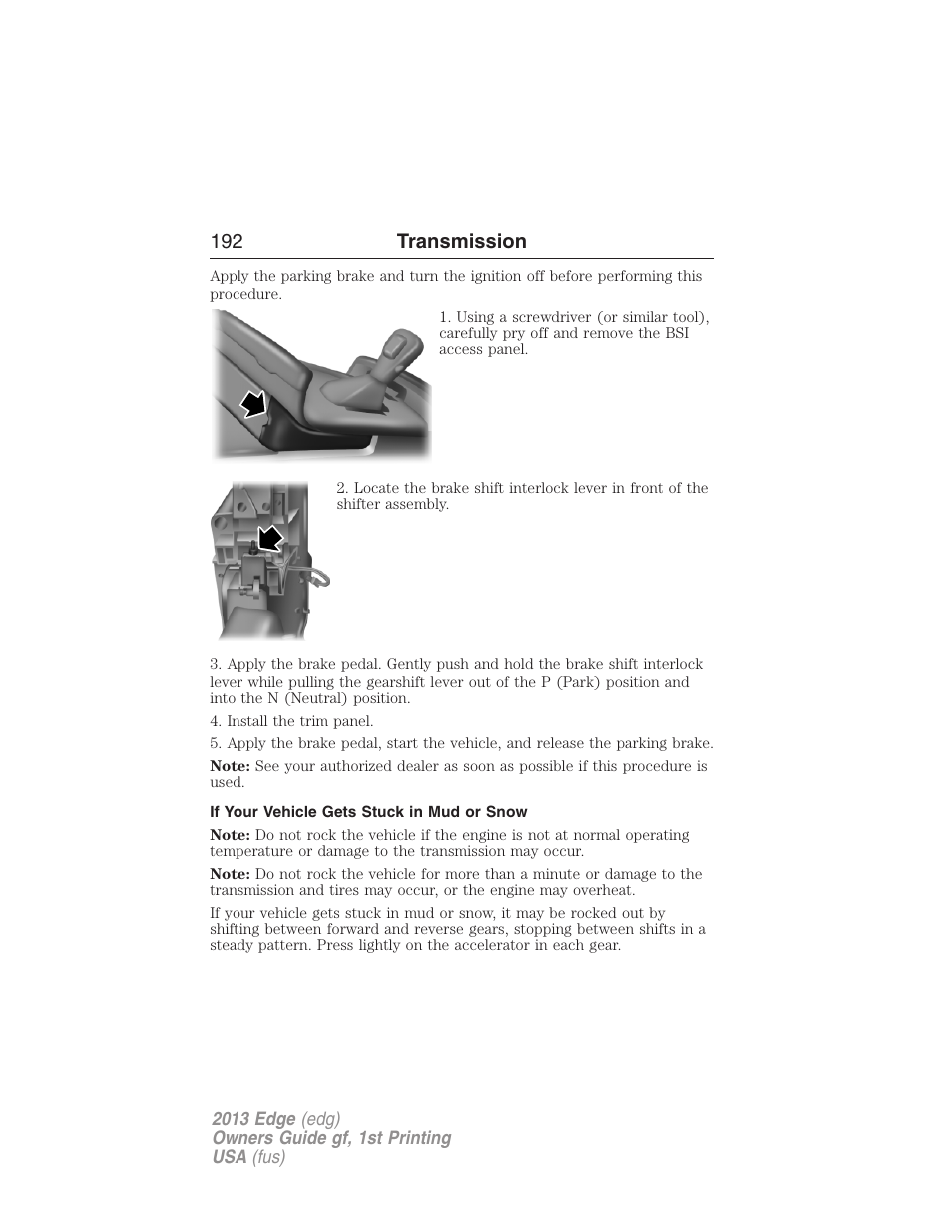 If your vehicle gets stuck in mud or snow, 192 transmission | FORD 2013 Edge v.1 User Manual | Page 192 / 526