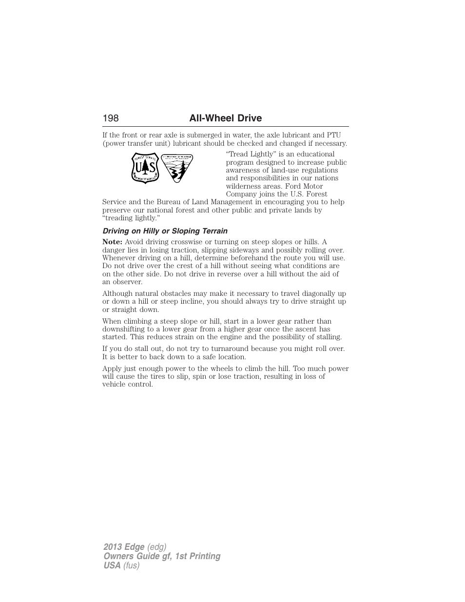 Driving on hilly or sloping terrain, 198 all-wheel drive | FORD 2013 Edge v.1 User Manual | Page 198 / 526