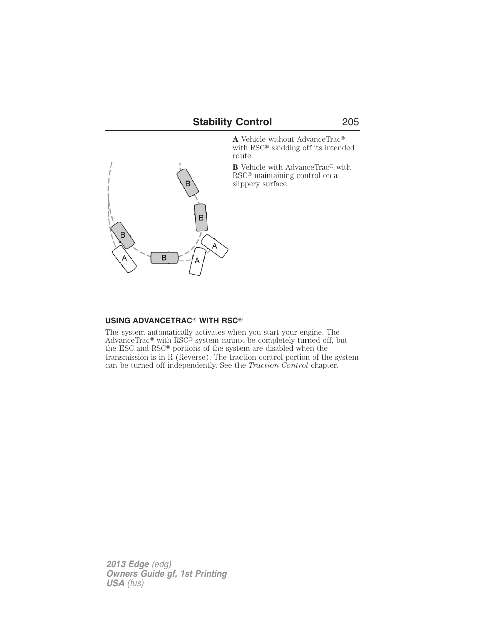 Using advancetrac? with rsc, Stability control 205 | FORD 2013 Edge v.1 User Manual | Page 205 / 526