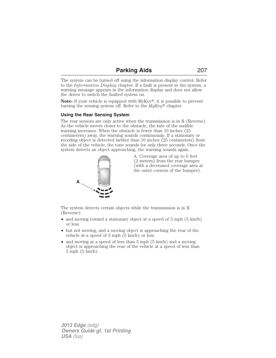 Using the rear sensing system, Parking aids 207 | FORD 2013 Edge v.1 User Manual | Page 207 / 526