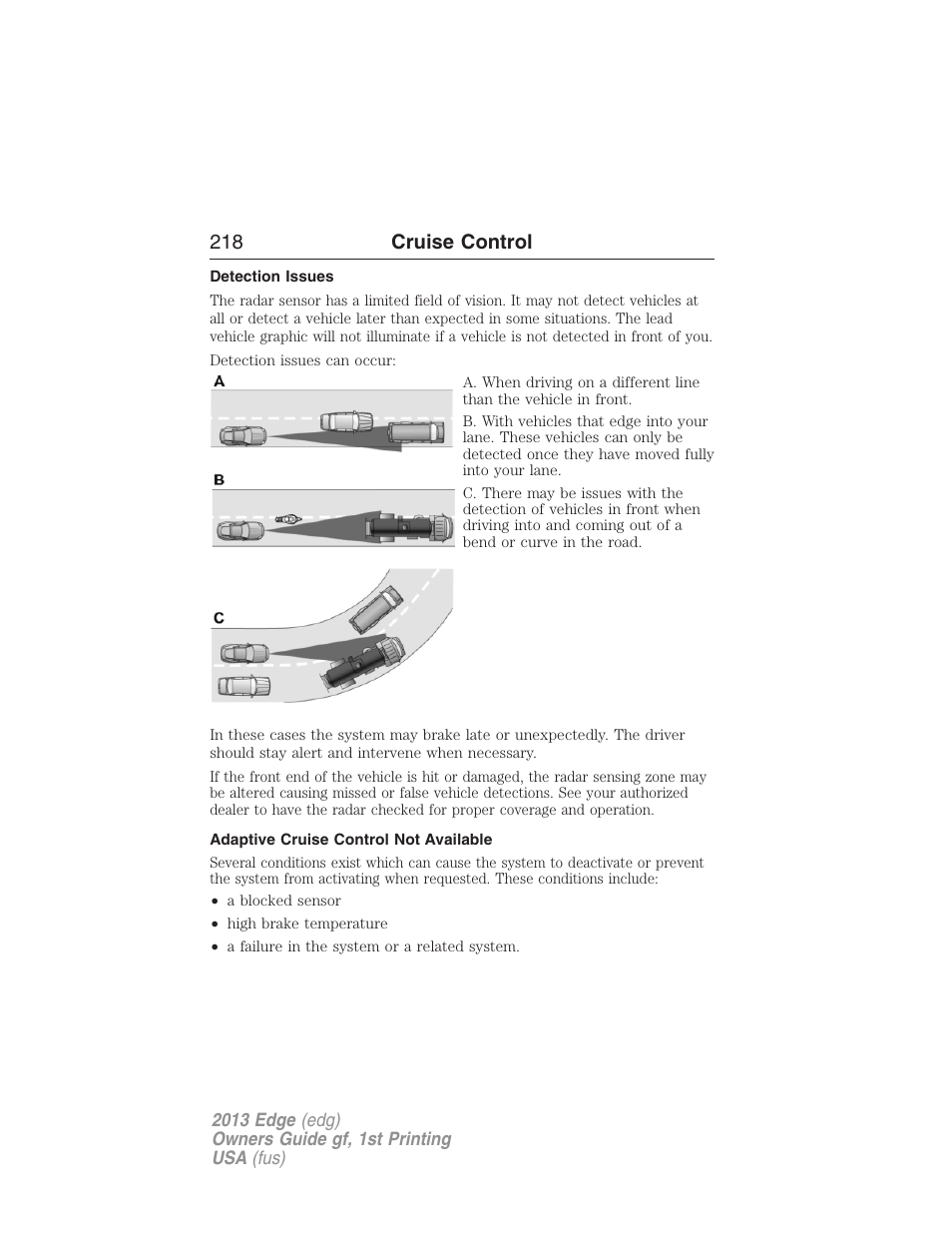 Detection issues, Adaptive cruise control not available, 218 cruise control | FORD 2013 Edge v.1 User Manual | Page 218 / 526