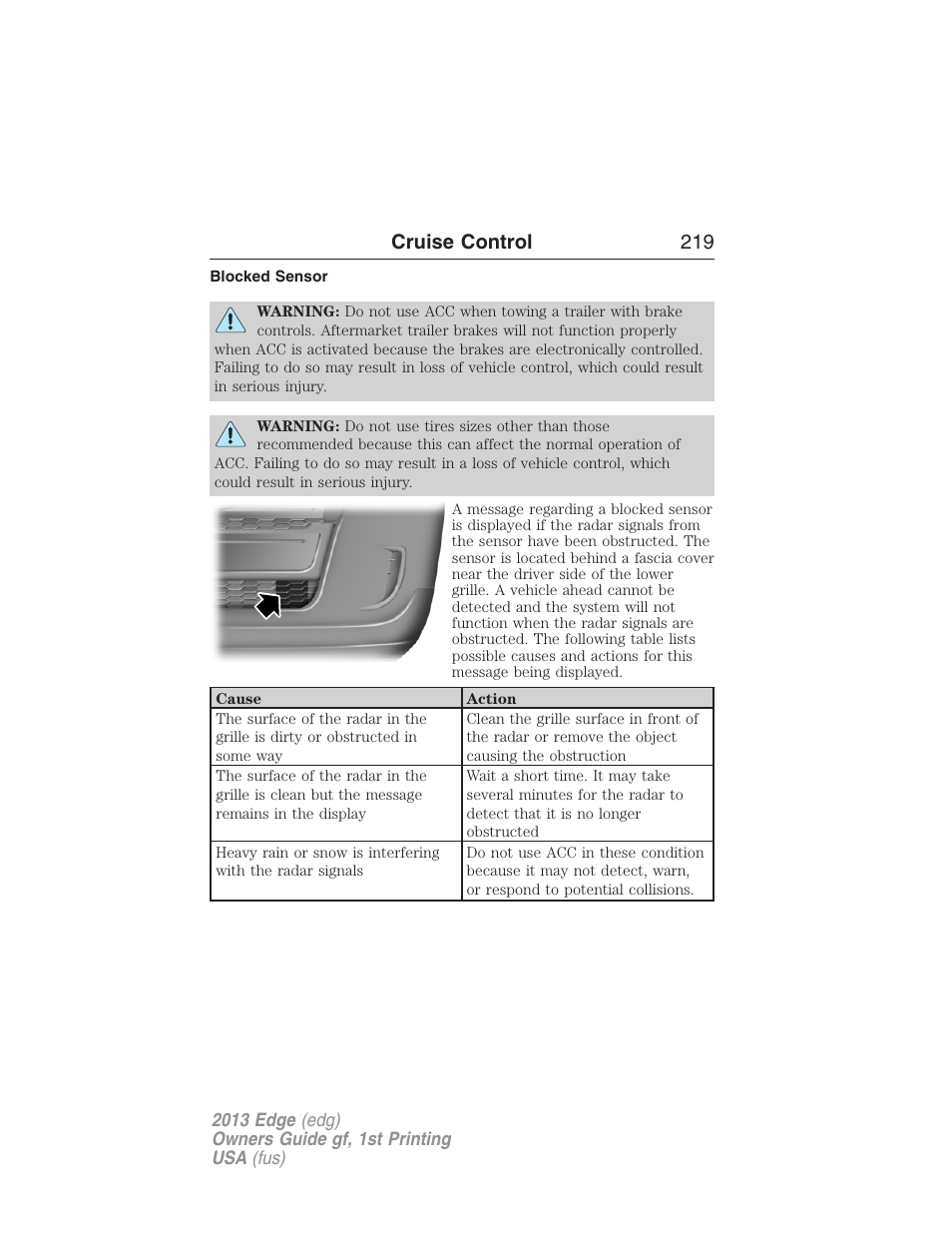 Blocked sensor, Cruise control 219 | FORD 2013 Edge v.1 User Manual | Page 219 / 526