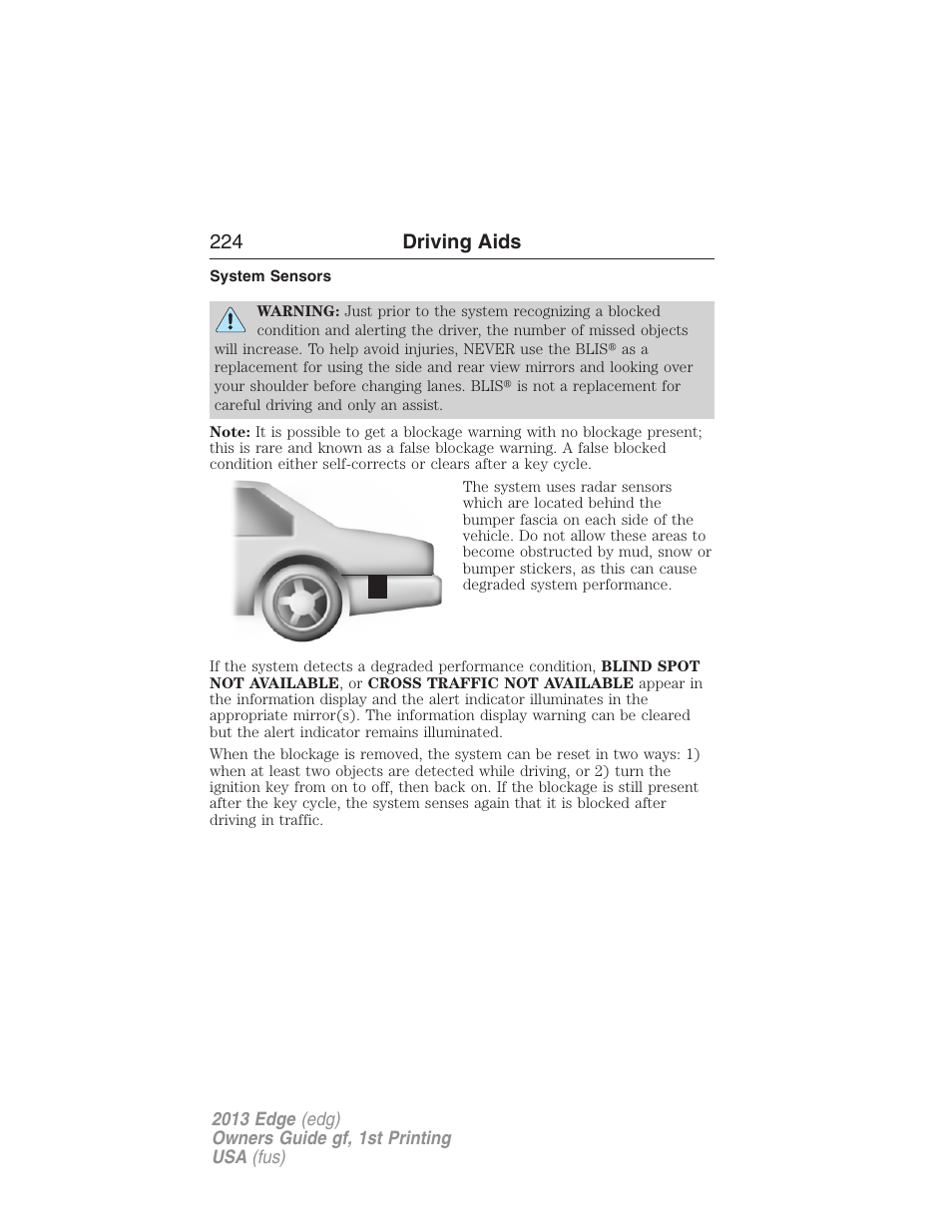 System sensors, 224 driving aids | FORD 2013 Edge v.1 User Manual | Page 224 / 526