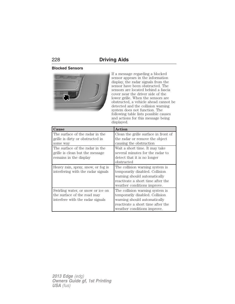 Blocked sensors, 228 driving aids | FORD 2013 Edge v.1 User Manual | Page 228 / 526