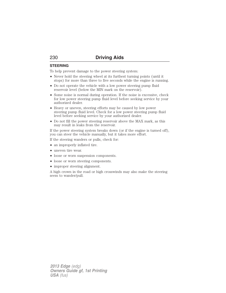 Steering, 230 driving aids | FORD 2013 Edge v.1 User Manual | Page 230 / 526