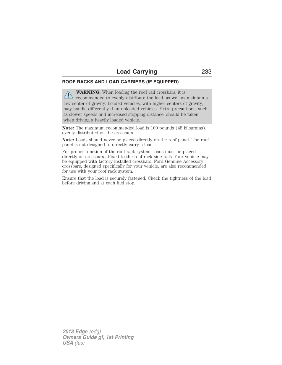 Roof racks and load carriers (if equipped), Roof racks and load carriers, Load carrying 233 | FORD 2013 Edge v.1 User Manual | Page 233 / 526