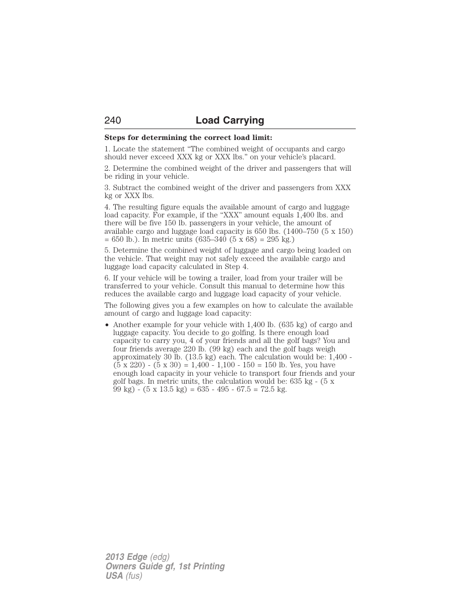 240 load carrying | FORD 2013 Edge v.1 User Manual | Page 240 / 526
