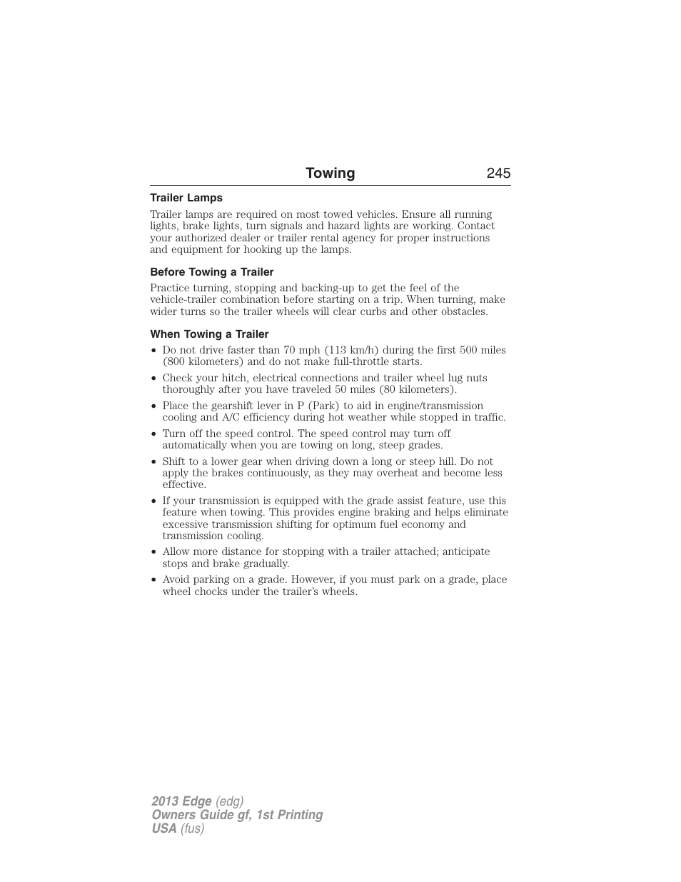 Trailer lamps, Before towing a trailer, When towing a trailer | Towing 245 | FORD 2013 Edge v.1 User Manual | Page 245 / 526