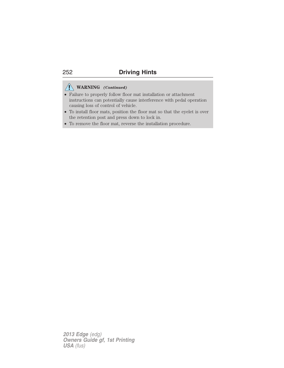 252 driving hints | FORD 2013 Edge v.1 User Manual | Page 252 / 526