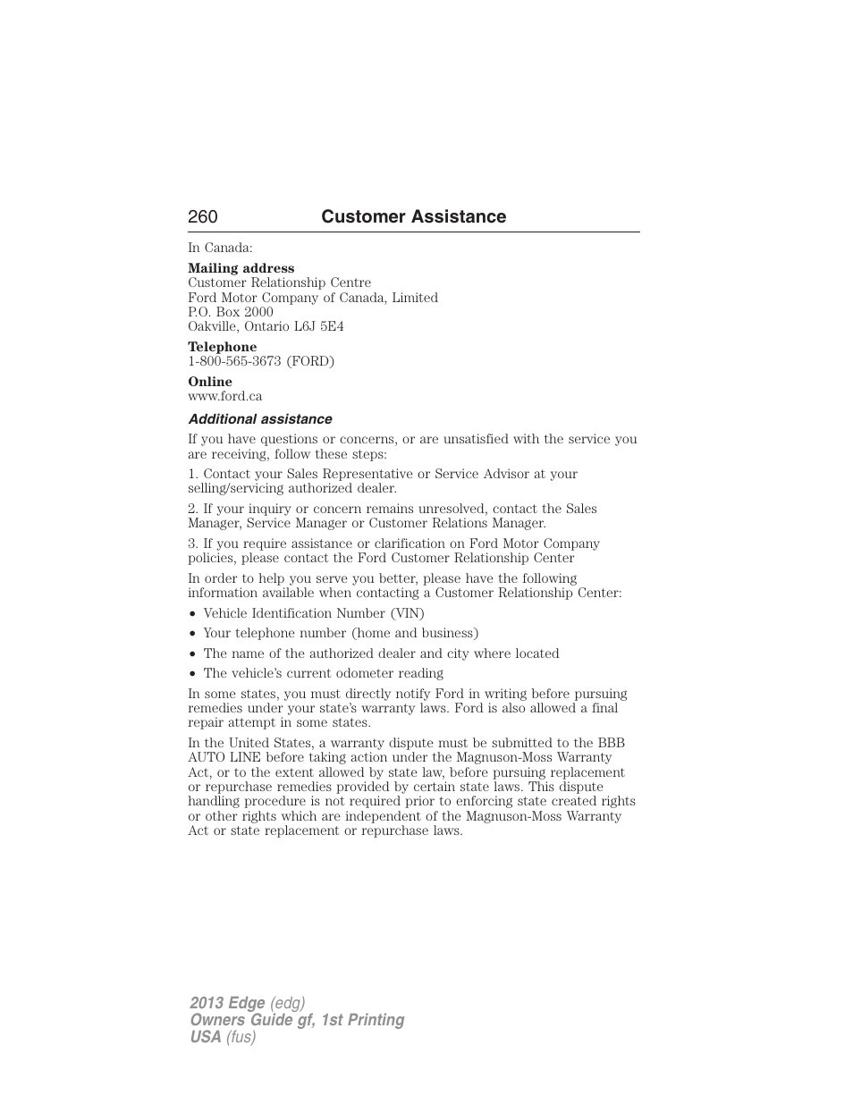 Additional assistance, 260 customer assistance | FORD 2013 Edge v.1 User Manual | Page 260 / 526