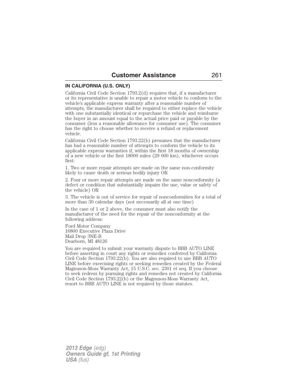 In california (u.s. only), Customer assistance 261 | FORD 2013 Edge v.1 User Manual | Page 261 / 526