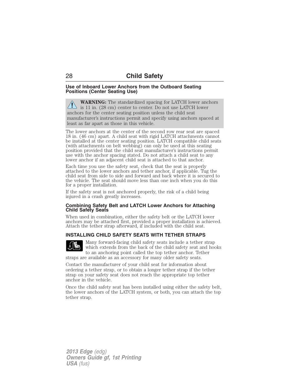 Installing child safety seats with tether straps, 28 child safety | FORD 2013 Edge v.1 User Manual | Page 28 / 526