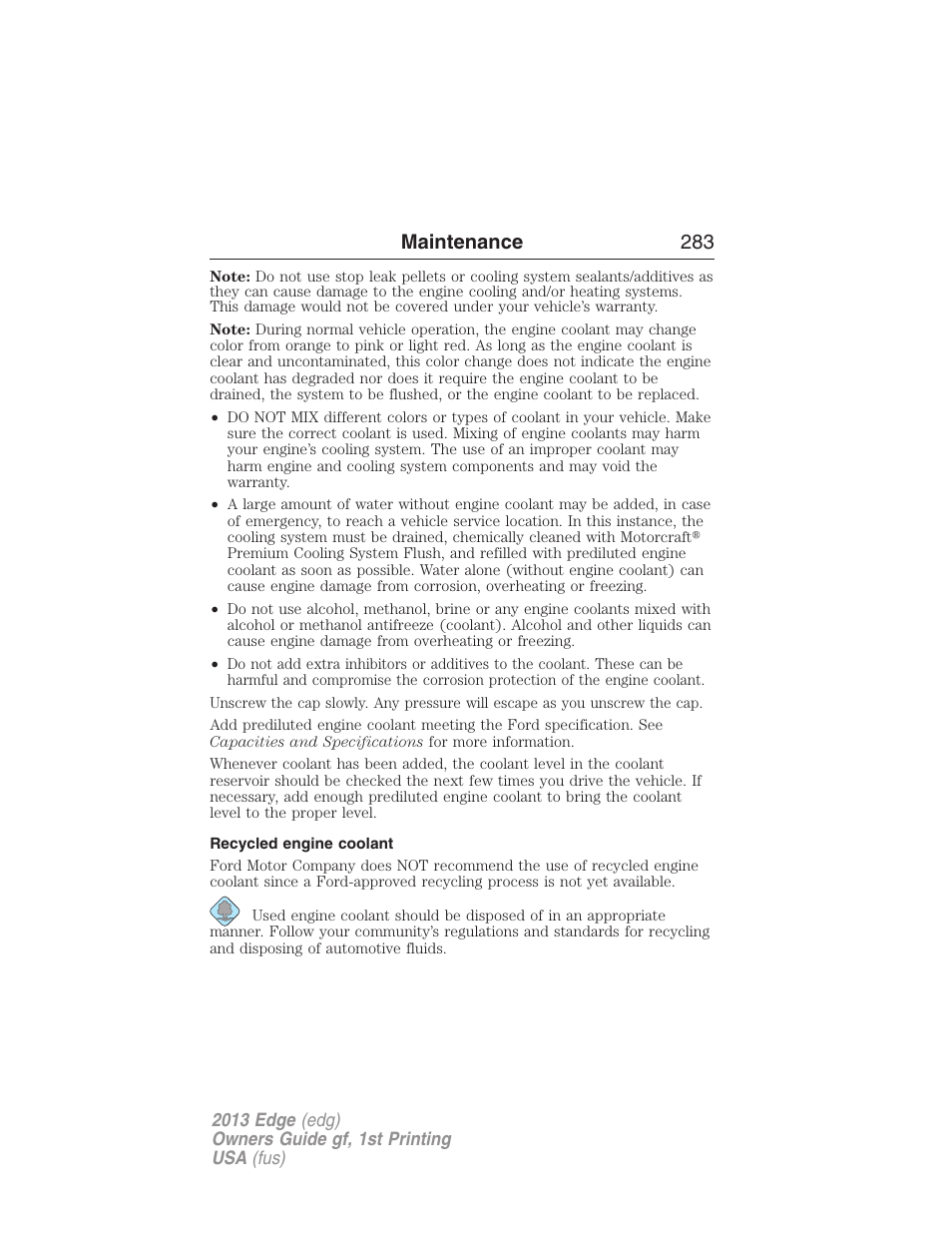 Recycled engine coolant, Maintenance 283 | FORD 2013 Edge v.1 User Manual | Page 283 / 526