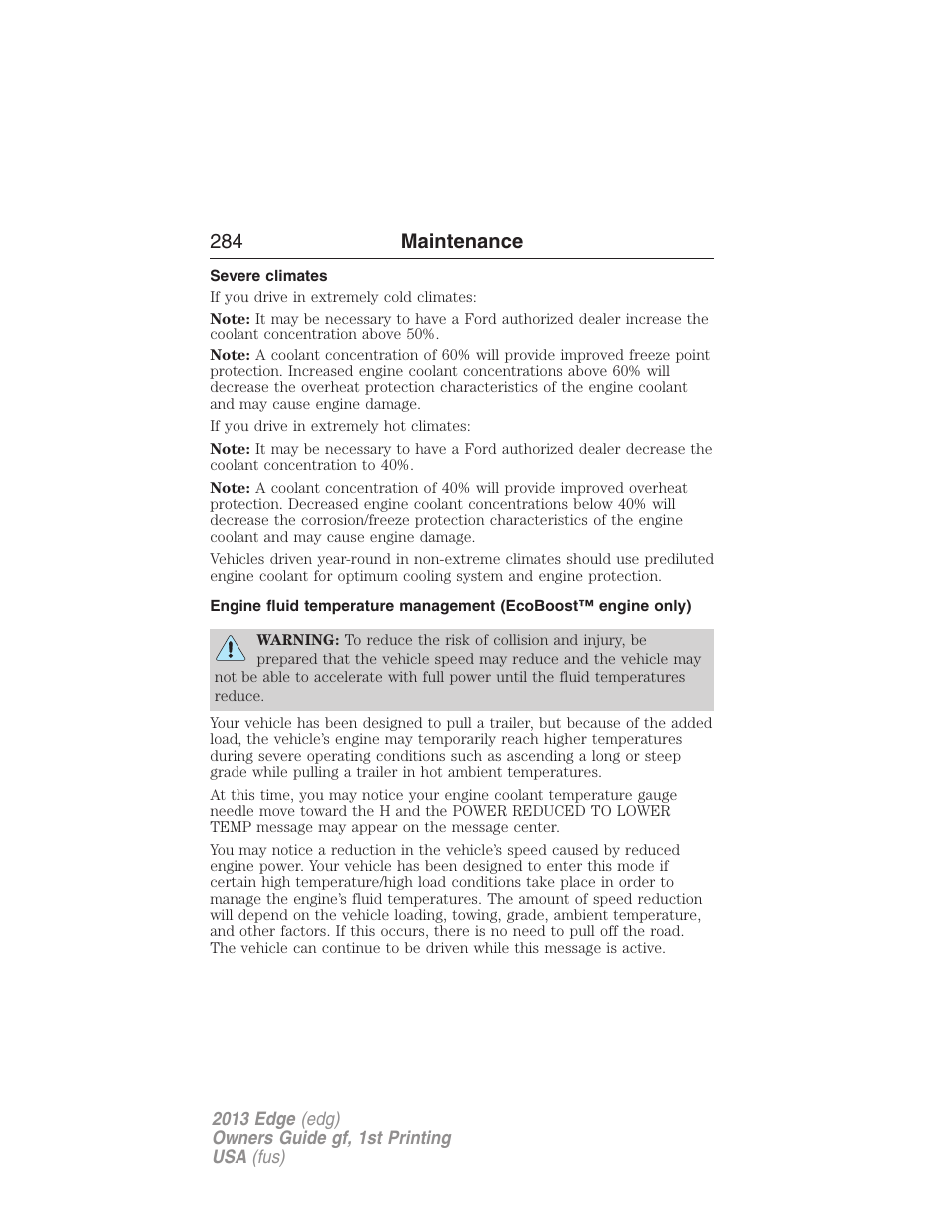 Severe climates, 284 maintenance | FORD 2013 Edge v.1 User Manual | Page 284 / 526