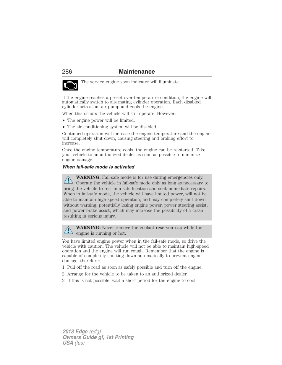 When fail-safe mode is activated, 286 maintenance | FORD 2013 Edge v.1 User Manual | Page 286 / 526