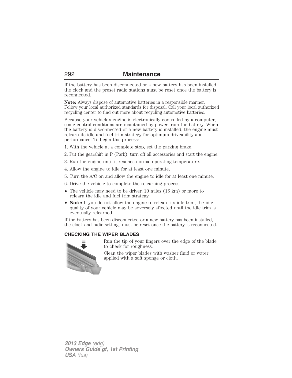 Checking the wiper blades, 292 maintenance | FORD 2013 Edge v.1 User Manual | Page 292 / 526