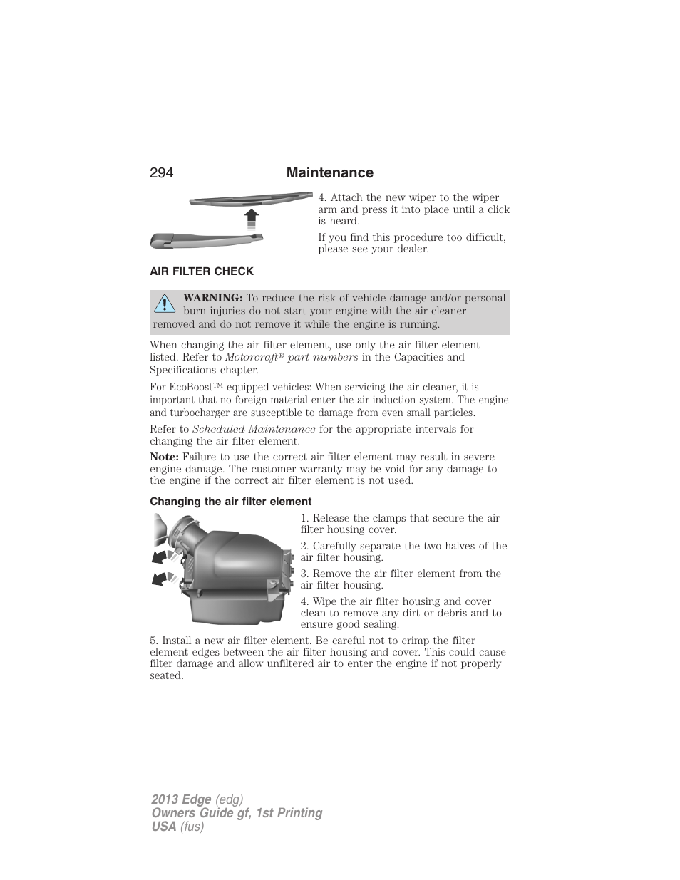 Air filter check, Changing the air filter element, Air filter(s) | 294 maintenance | FORD 2013 Edge v.1 User Manual | Page 294 / 526
