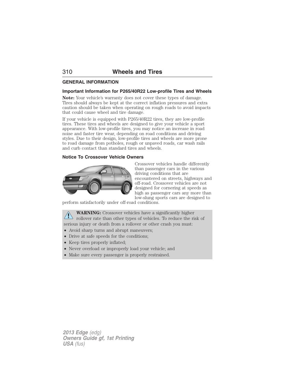 Wheels and tires, General information, Notice to crossover vehicle owners | 310 wheels and tires | FORD 2013 Edge v.1 User Manual | Page 310 / 526