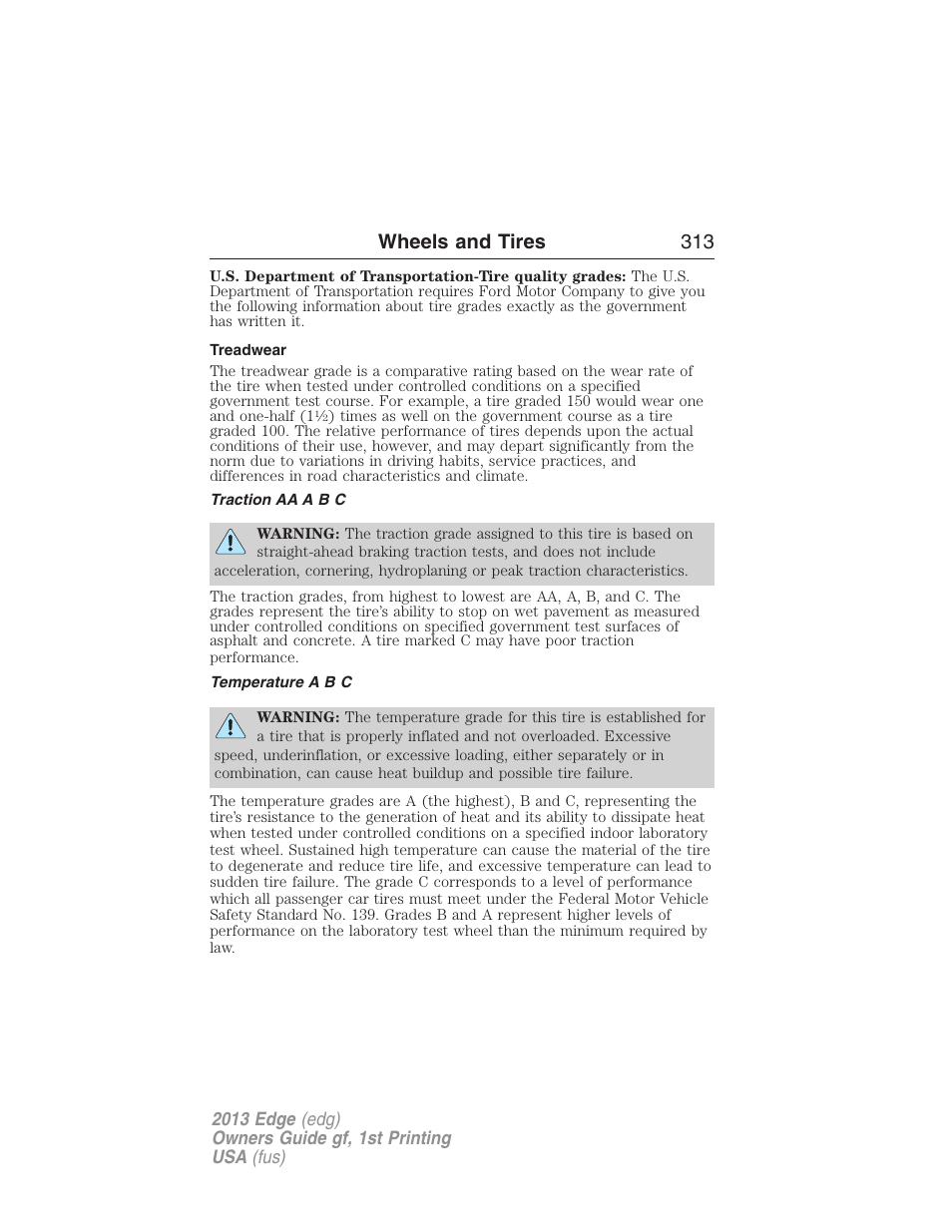 Treadwear, Traction aa a b c, Temperature a b c | Wheels and tires 313 | FORD 2013 Edge v.1 User Manual | Page 313 / 526