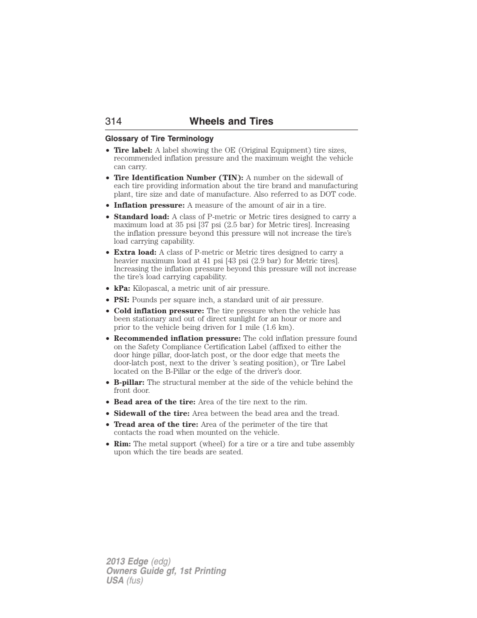 Glossary of tire terminology, 314 wheels and tires | FORD 2013 Edge v.1 User Manual | Page 314 / 526