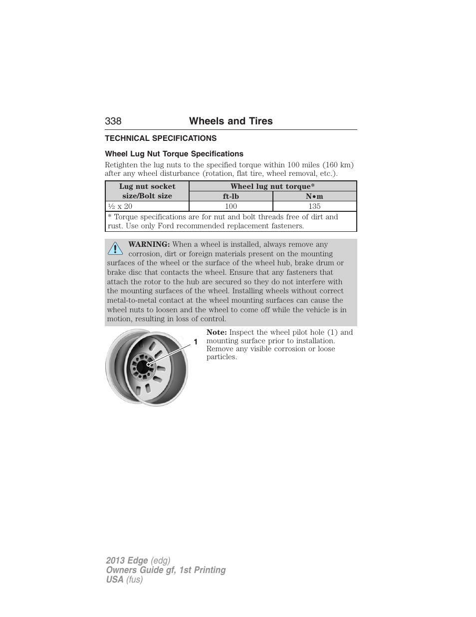 Technical specifications, Wheel lug nut torque specifications, Wheel lug nut torque | 338 wheels and tires | FORD 2013 Edge v.1 User Manual | Page 338 / 526