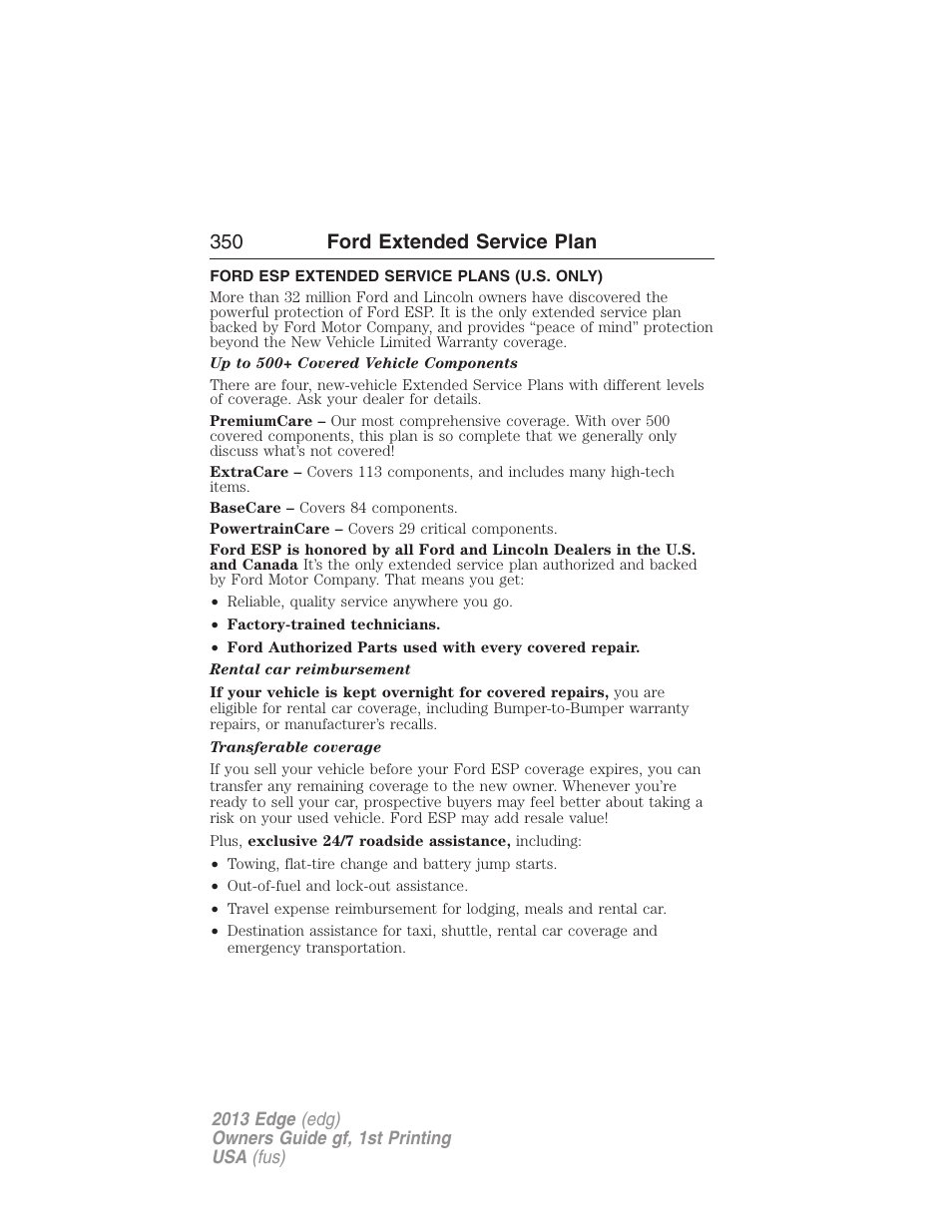 Ford extended service plan, Ford esp extended service plans (u.s. only), 350 ford extended service plan | FORD 2013 Edge v.1 User Manual | Page 350 / 526