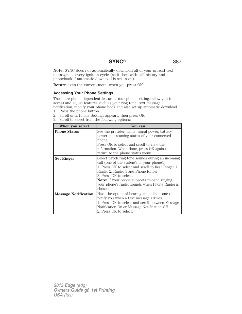 Accessing your phone settings, Sync ா 387 | FORD 2013 Edge v.1 User Manual | Page 387 / 526