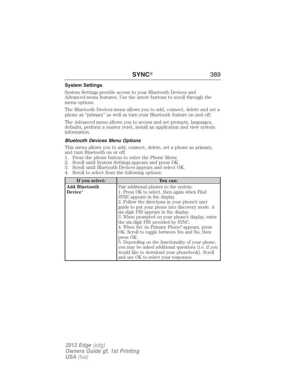System settings, Bluetooth devices menu options, Sync ா 389 | FORD 2013 Edge v.1 User Manual | Page 389 / 526